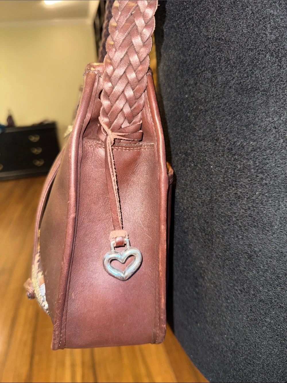 Vintage Brighton Braided Strap Brown Leather Shoulder Bag with Heart Accents - Picture 5 of 14